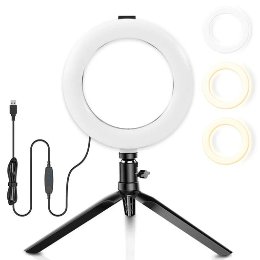 Desk Ring Fill Light 16cm Dimmable LED Ring Light with Tripod Stand Angle Adjustable USB